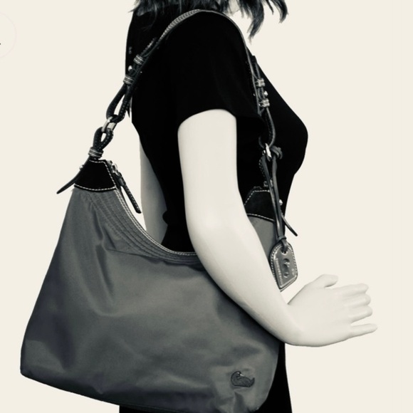 DOONEY AND BOURKE Large Nylon Curved Leather Trim Vintage Bag, Black and Tan - Picture 6 of 9